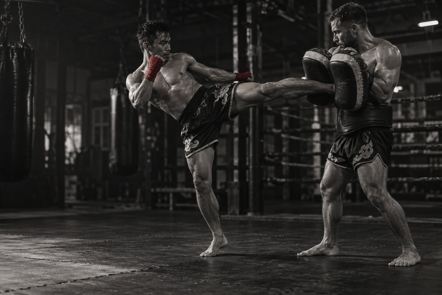 Two Muay Thai athletes practising a kick into Thai pads in a dark training gym